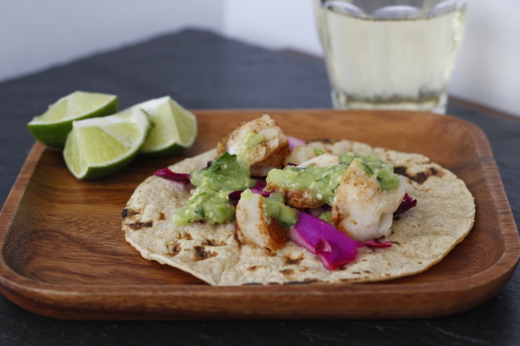 Fish Tacos with Cabbage Slaw and Tomatillo Avocado Salsa