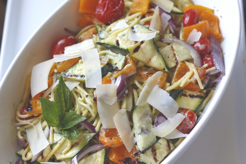 Pasta with Grilled Vegetables and Basil Cream Sauce